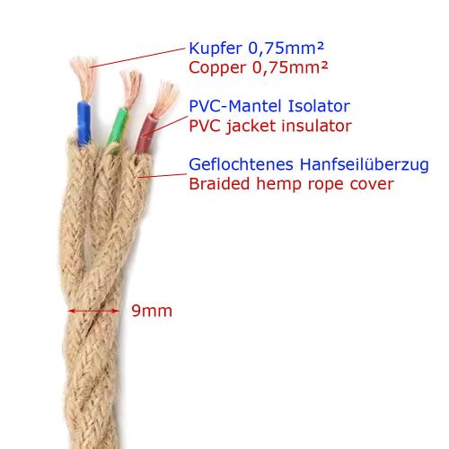 Lampenkabel Textilkabel Leitung Stoffkabel 3-Adrig Retro, Vintage - Elektrische Kabel Pendelleitung - Lampenkabel Hanf geflochten