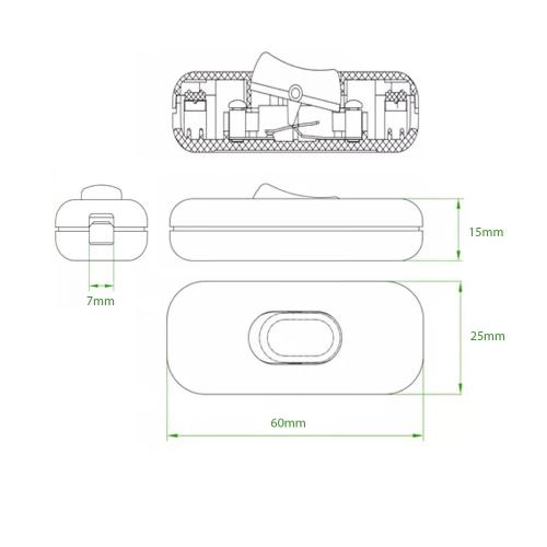 Zwischenschalter Schnurschalter - 2-3 polig 6A 250V - Schnurzwischenschalter, Wippschalter, Zuleitungsschalter, Kabelschalter, Schalter