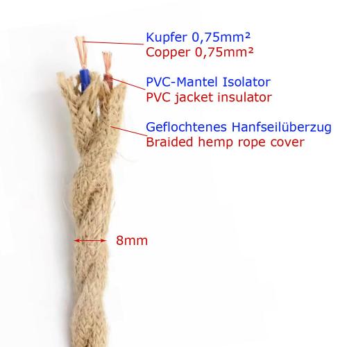 Lampenkabel Textilkabel Leitung Stoffkabel 2-Adrig Retro, Vintage - Elektrische Kabel Pendelleitung - Lampenkabel Hanf geflochten