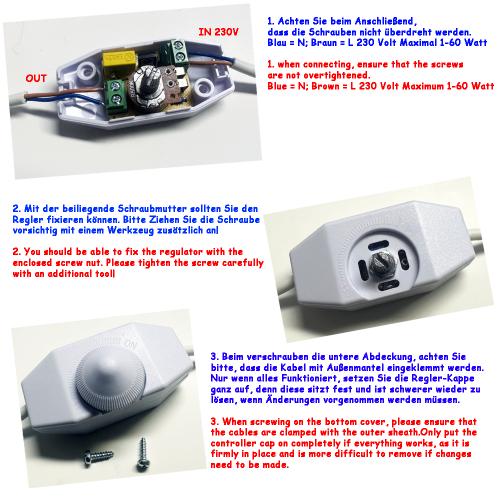 LED Dimmer - Stufenloser Schnurdimmer mit Ein-/Aus-Schalter, Drehdimmer, Dimmschalter, Schnur-Zwischendimmer - 230 Volt 1-60 Watt